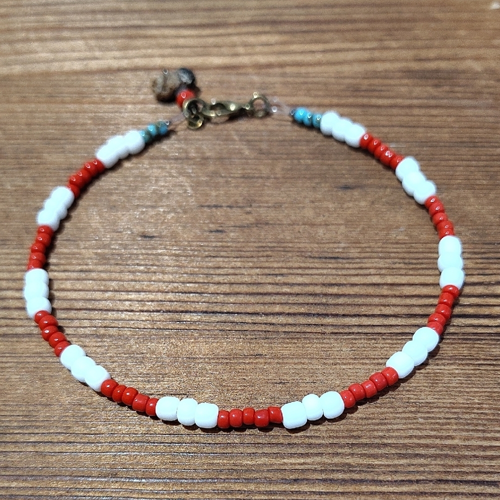 Red, White and Turquoise Beaded Bracelet, Handmade Men's Bracelet, White